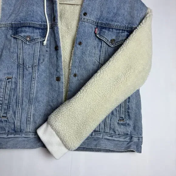 Levi's Jacket Womens Medium Ex-Boyfriend Sherpa‎ Trucker Denim Jean Coat $89 OOS - Picture 5 of 16